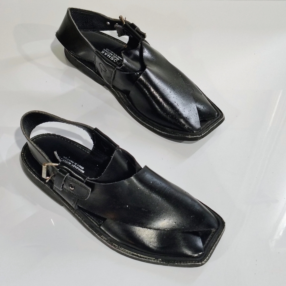 POSHAK Men's Black Leather Slip-On Sandal with Back Strap